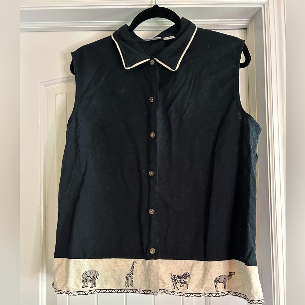 Cabin Creek Black Sleeveless Button Down Shirt with Animal Embroidery
